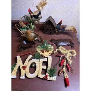 Lot 10 Country Western Wooden/ Tin Birds Barn Rooster Christmas Ornaments D